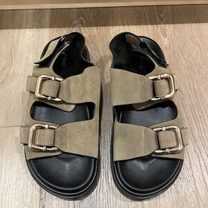 Tan and Black Sandals with Buckles